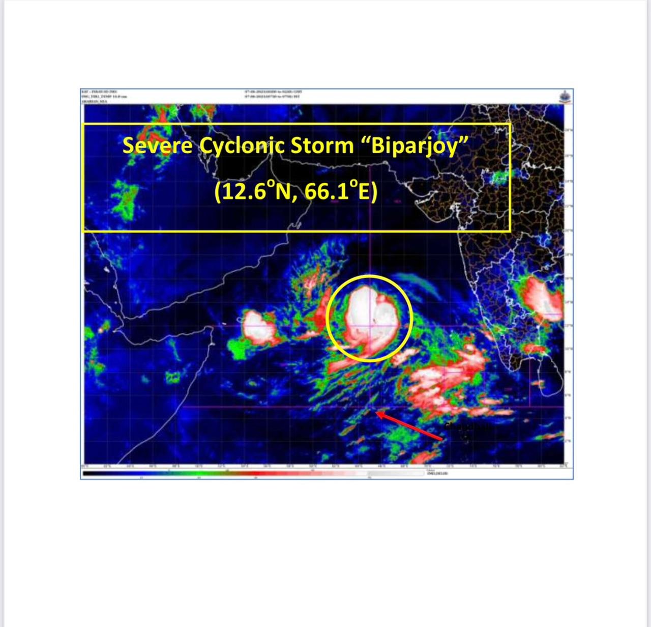 Cyclonic Storm “Biparjoy” (pronounced as “Biporjoy”) intensified into a Severe Cyclonic Storm over eastcentral and adjoining southeast Arabian Sea.