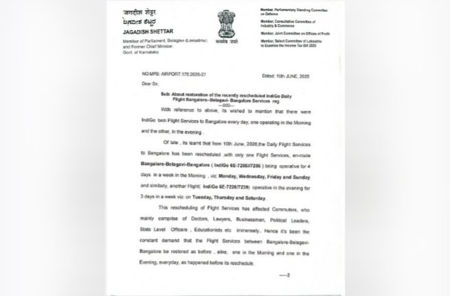 Shettar Urges IndiGo to Restore Daily Belagavi Flights